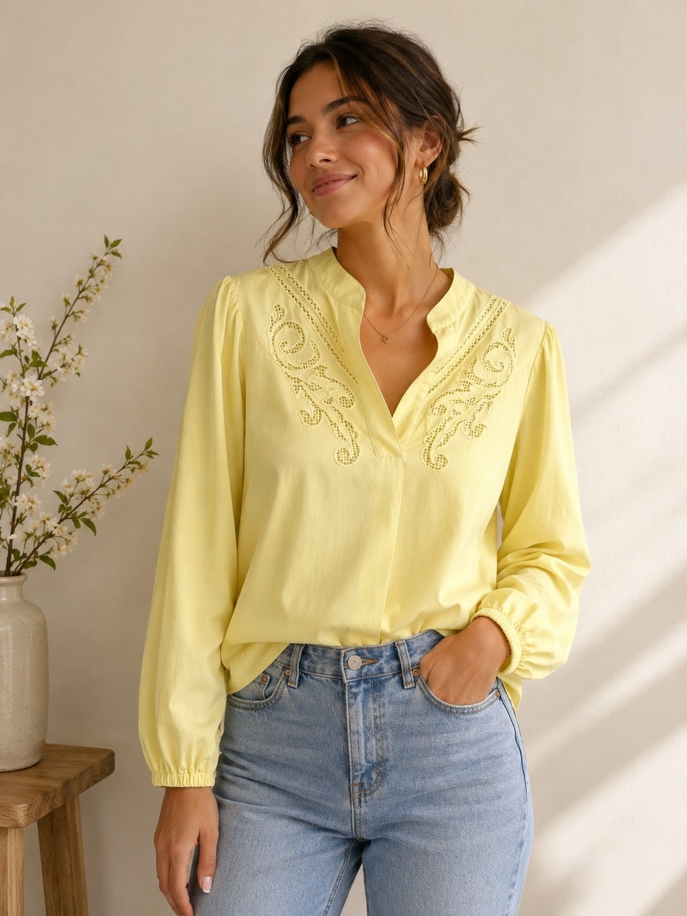Kings Road Women’s Yellow Embroidered Long Sleeve Blouse – Size M